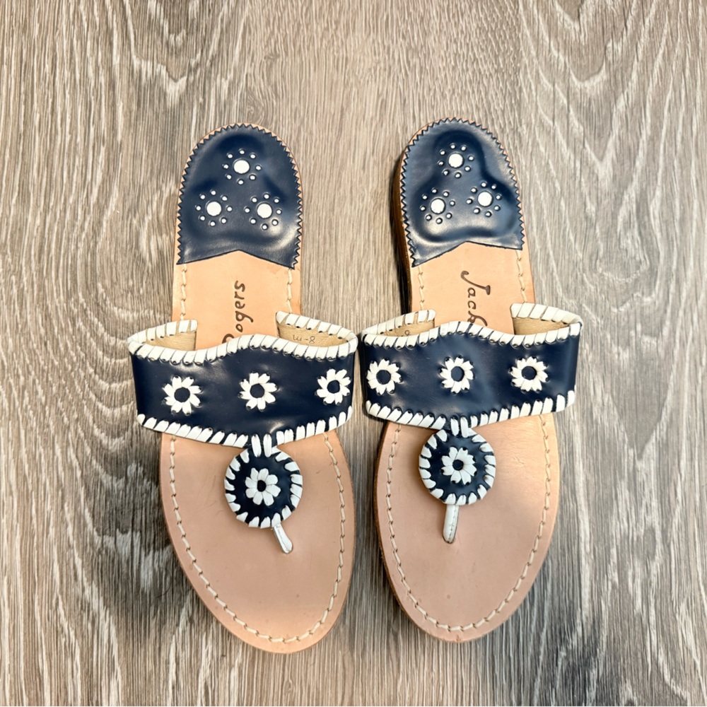 Jack Rogers Navy & White Leather Heritage Thong Sandals